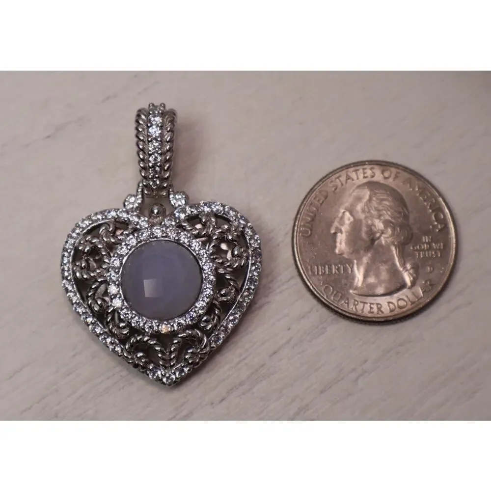 Judith Ripka Sterling Silver Chalcedony & Cz Heart Pendant 14.6G / 1.5in - Picture 4 of 5